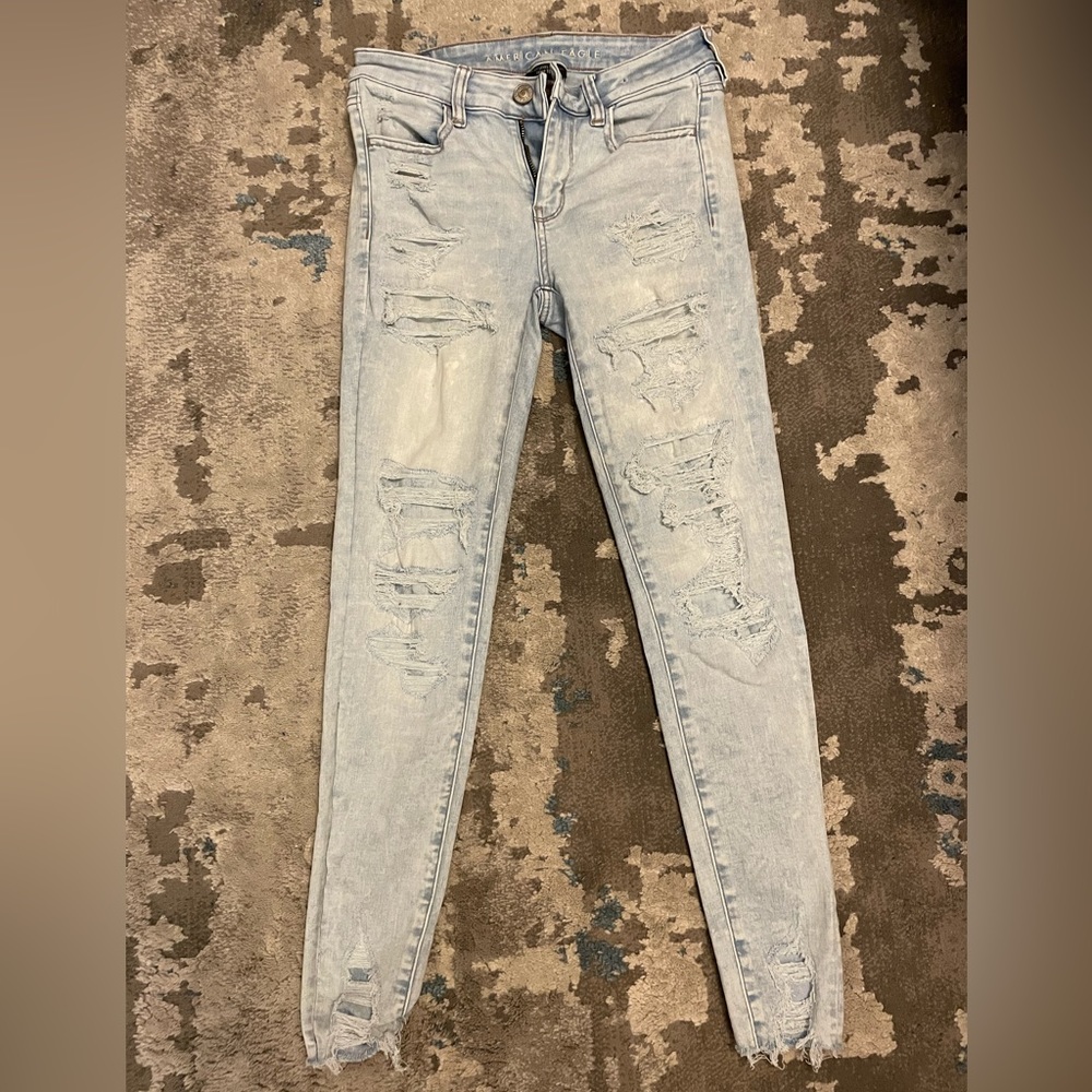 AE Next level high waisted light wash patched Jean Jeggings, size 4